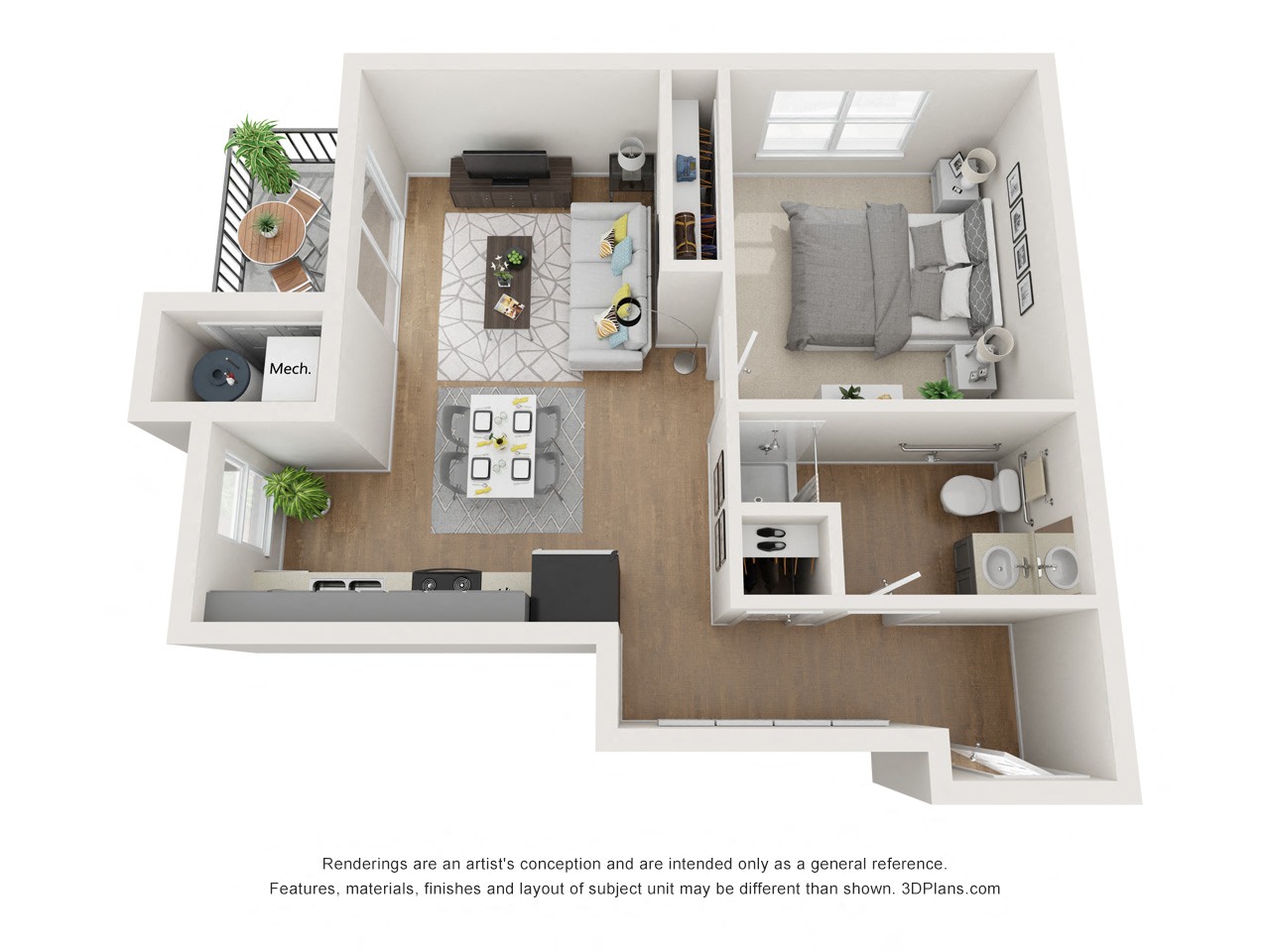 Floor plan for 1 bed, 1 bath, 750 sqft